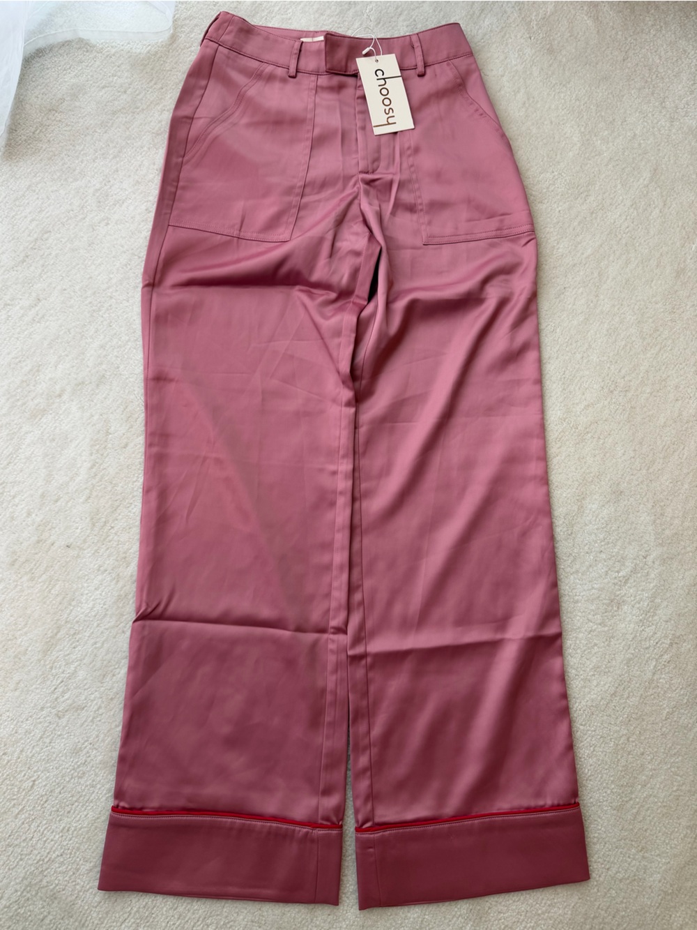 BNWT Choosy Rose Powder Pink Mauve Wide-Leg Silky Trousers